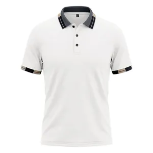 Front view of white quick-dry men's polo shirt featuring contrast collar and striped cuffs.