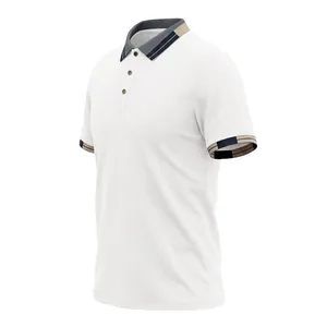 Close-up view of white quick-dry athletic polo shirt featuring contrast striped collar.
