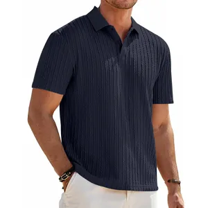 Close-up of men's navy blue short-sleeved polo shirt featuring a textured cable knit design