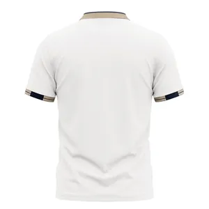 Back perspective of a white quick-dry men's polo shirt with striped sleeve details.