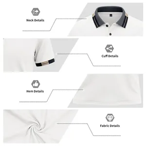 Close-up details of men's quick-dry polo shirt showing collar, cuff, hem, and fabric texture.