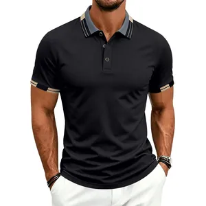 Classic black men's polo shirt with grey contrast collar for business casual wear.