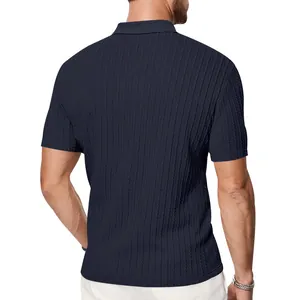 Detailed back view of a men's navy blue knit jacquard short sleeve casual polo shirt