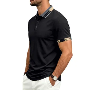 Detailed side view of a black quick-dry men's Polo shirt with contrast striped cuffs