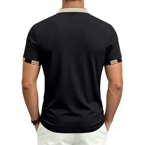 Rear view of black men's athletic quick-dry polo shirt featuring beige striped cuffs