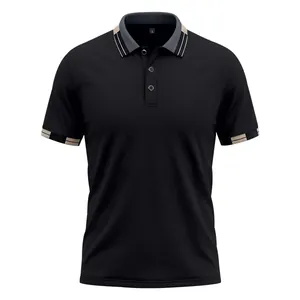 Detailed view of the contrast striped collar and three-button placket on black polo shirt