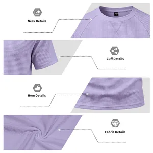 Détails du t-shirt violet pour hommes en tissu gaufré avec manches raglan et ourlet