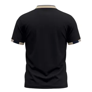 Back view of a breathable black men's quick-dry sports polo shirt with beige trim.