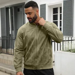 Chaqueta de ante verde oliva para hombre con cremallera y cuello levantado para el otoño