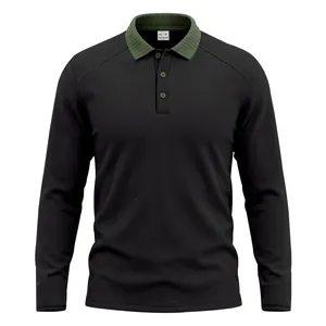 Detailed view of the textured black Polo shirt with a green ribbed collar design