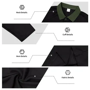 Details of men's long sleeve polo shirt showing neck, cuffs, hem and textured fabric.
