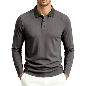 Close-up of men's long-sleeve polo shirt with green ribbed collar and textured fabric