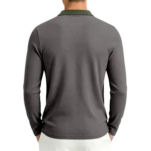 Back view of men's textured long-sleeve Polo shirt with green contrast collar