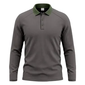 Macro view of men's textured long sleeve polo shirt with green ribbed collar