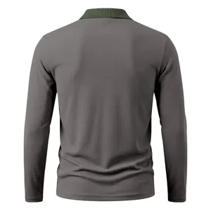 Back view of men's textured long sleeve polo shirt with green ribbed contrast collar.