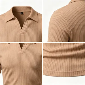 Detalle de la textura, cuello y dobladillo de un polo de punto acanalado para hombre.