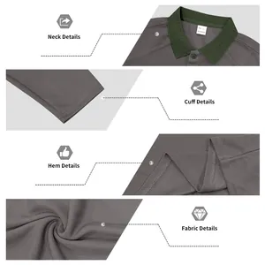 Detailed macro view of men's textured polo shirt showing neck, cuff, and hem features.