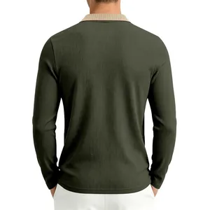Back view of men's olive green textured long sleeve polo shirt with beige collar
