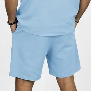 Back view of men's casual light blue linen shorts for summer beach wear