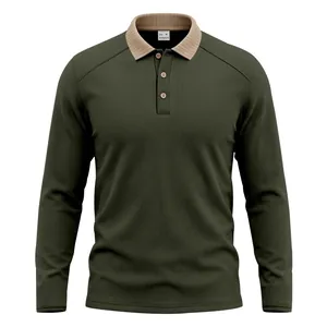Men's olive green long-sleeve Polo shirt with contrast tan ribbed collar and texture