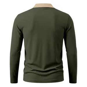 Back view of men's long-sleeve Polo shirt in dark green with ribbed contrast collar
