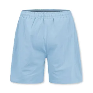 Rear view of men's light blue linen shorts featuring a comfortable elastic waistband.