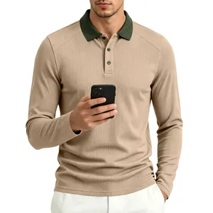 Detailed view of men's long sleeve Polo shirt with contrast ribbed collar and texture.