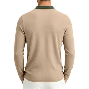 Back view of men's long-sleeve Polo shirt featuring textured fabric and green collar