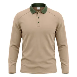 Close-up of men's long-sleeved tan polo shirt featuring a green contrast ribbed collar