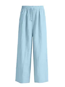 Detail view of light blue breathable linen wide-leg casual pants for men summer style