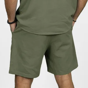 Back view of men's casual olive green linen shorts with a comfortable relaxed fit.