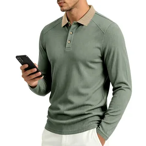 Detail of men's long-sleeve Polo shirt with contrast ribbed collar and textured fabric