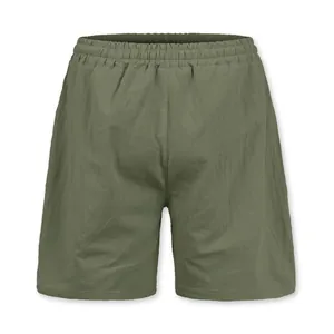 Detailed back view of men's olive green linen shorts featuring an elastic waistband