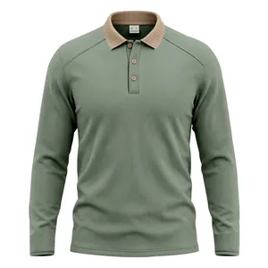 Detail view of men's olive green long sleeve Polo shirt with contrast khaki collar