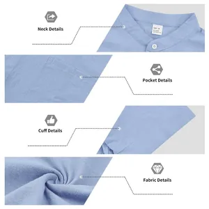 Detailansichten von Kragen, Tasche, Manschette und Leinenstoff eines blauen Herrenhemds