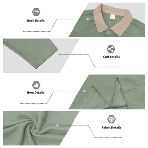 Close-up details of men's sage green textured Polo shirt showing collar and cuffs.
