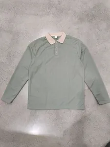 Men's sage green textured long-sleeve Polo shirt with contrasting beige ribbed collar