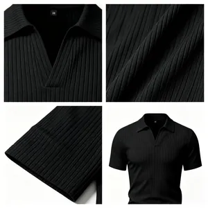 Detalles de polo negro de punto con vistas del cuello, la textura y el puño.