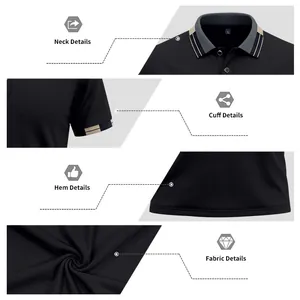 Detailed macro views of collar, cuff, hem, and breathable fabric of black Polo shirt.