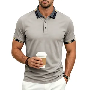 Detail view of men's quick-dry polo shirt with contrast tipping on collar and sleeves