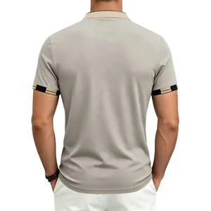 Back view of a grey men's quick-dry Polo shirt with contrast striped sleeve cuffs
