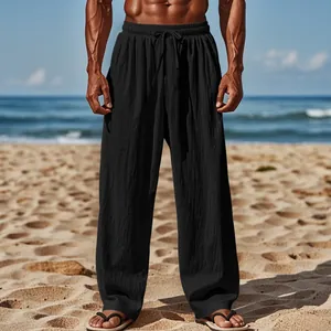 Macro view of men's loose black linen pants perfect for casual beach wear style