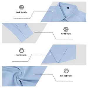 Detailansicht von Kragen, Manschetten, Saum und Stoff eines hellblauen Herrenhemdes
