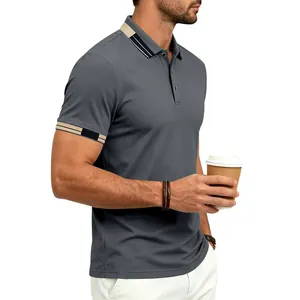 Detailed side profile of a grey men's athletic polo shirt with contrast collar trim