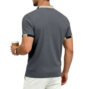 Back view of a grey quick-dry polo shirt with color-blocked collar and sleeve cuffs.