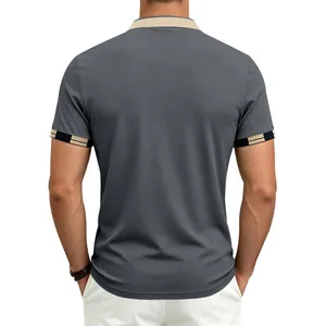 Rear view of men's grey quick-dry polo shirt with beige contrast collar and cuffs