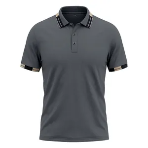 Detail view of grey quick-dry polo shirt with contrast stripe collar and sleeves
