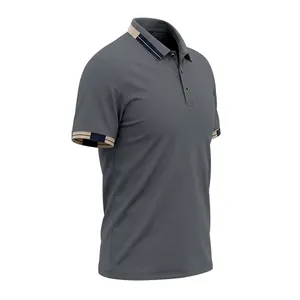 Detailed view of premium grey men's quick-dry polo shirt with striped contrast collar