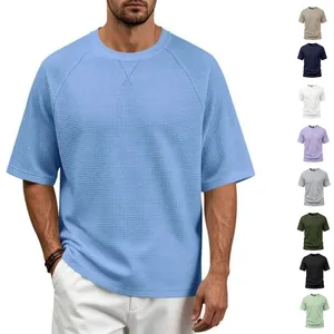 T-Shirt Gaufre pour Homme Manches Courtes Raglan Été Respirant Couleur Unie Col Rond Casual Basic Top Mode Homme