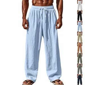 Men Loose Linen Trousers Breathable Woven Straight Leg Casual Pants Summer Beach Drawstring Waist Trousers For Men Lightweight